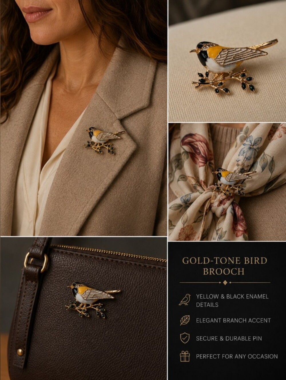 Gold-tone Bird Brooch with Yellow and Black Enamel